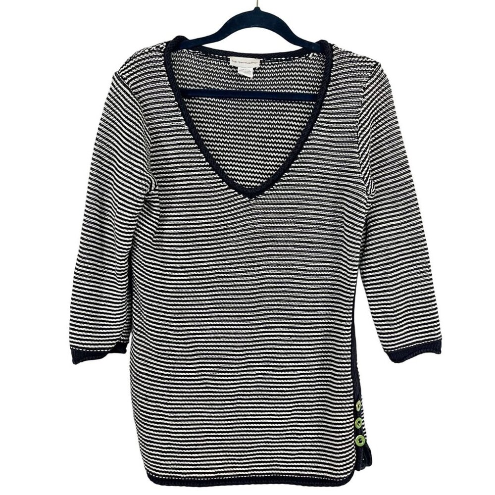 Soft Surroundings Navy Blue & White Striped Knit V-Neck‎ Pullover Sweater SMALL